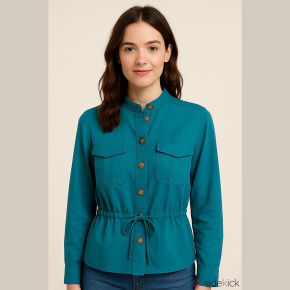 WHBM Aqua Blue Button Up Lightweight Drawstring Waist Bold Vivid Shirt Jacket 8 - Picture 1 of 12